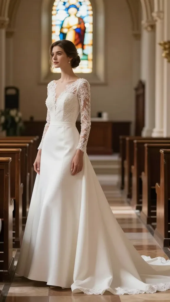 A bride standing in a sunlit church aisle, wearing a timeless A-line wedding gown with clean lines, delicate lace sleeves, and a softly flowing train, soft-focus stained glass in the background.