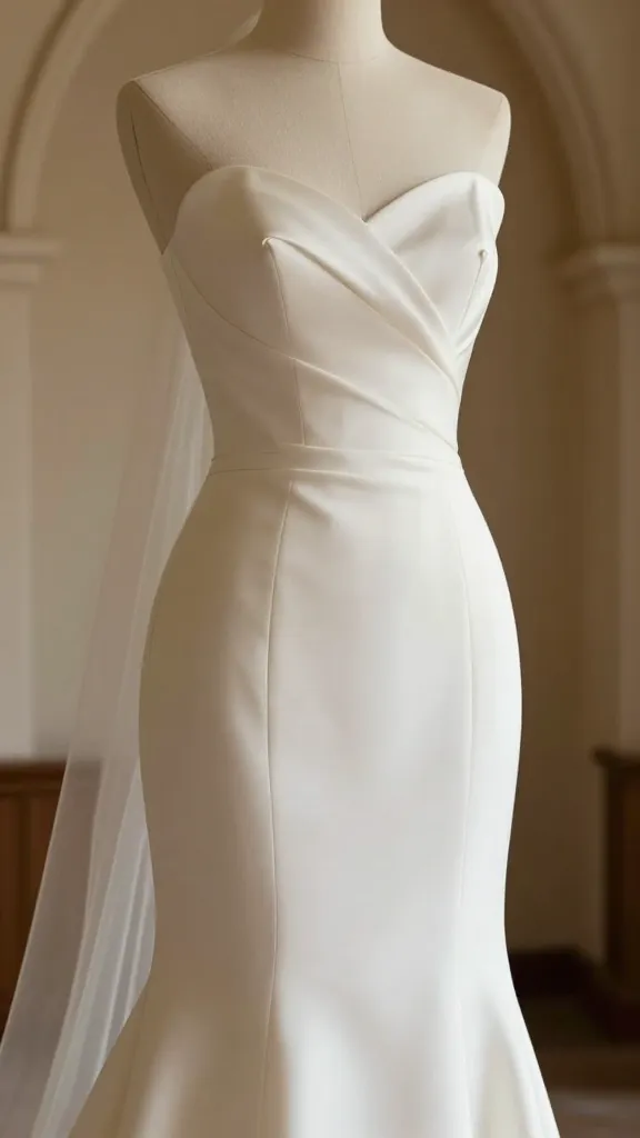 Close-up of a fit-and-flare church dress silhouette on a bride, highlighting subtle curves, structured bodice, elegant draping, and a chapel archway framing, natural warm light.