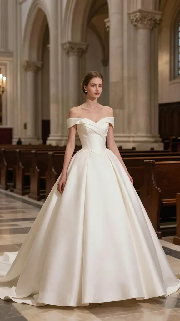Full-length shot of a ballgown in a grand cathedral setting, voluminous skirt, refined bodice, modest neckline, with pews and towering pillars creating a regal atmosphere.