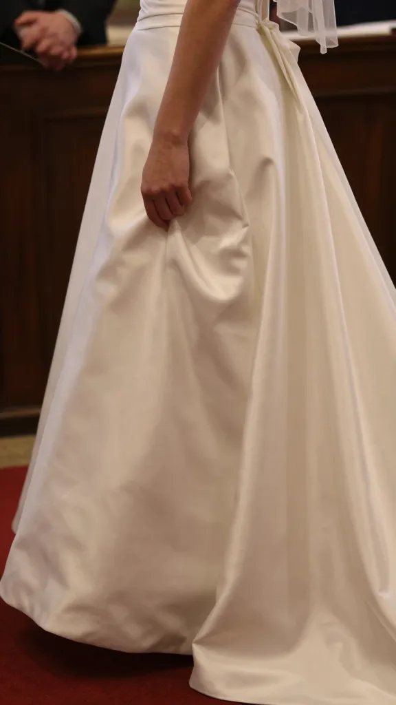 Interior detail shot of a church dress fabric movement, showcasing lightweight silk or satin with a gentle sway as the bride walks down the aisle, lens catching the dress under ambient church lighting.