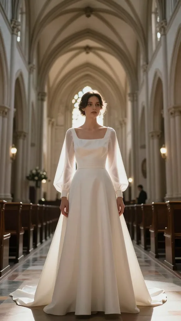 Bride posing under high ceilings and archways of a historic church, wearing a timeless dress with modest neckline and long illusion sleeves, soft backlighting highlighting fabric texture.