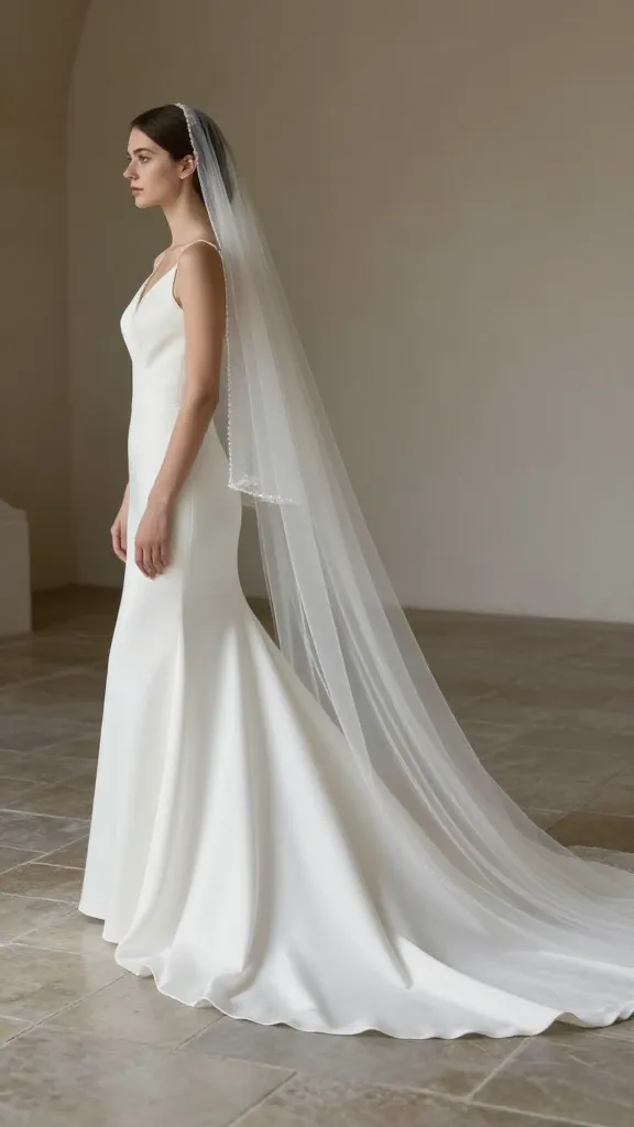 Side-profile image of a church wedding dress with clean, minimalist silhouette, cathedral-length veil, and a subtle train trailing behind the bride on a stone floor.
