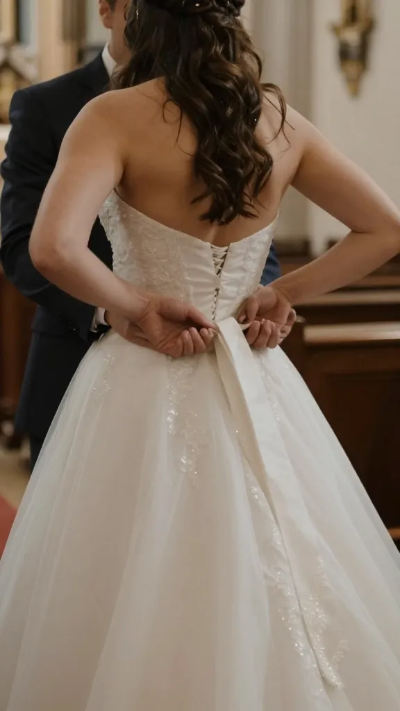 Intimate candid of a bride adjusting a belt or sash on an A-line gown, with the reverent church architecture blurred in the background to convey timeless reverence.