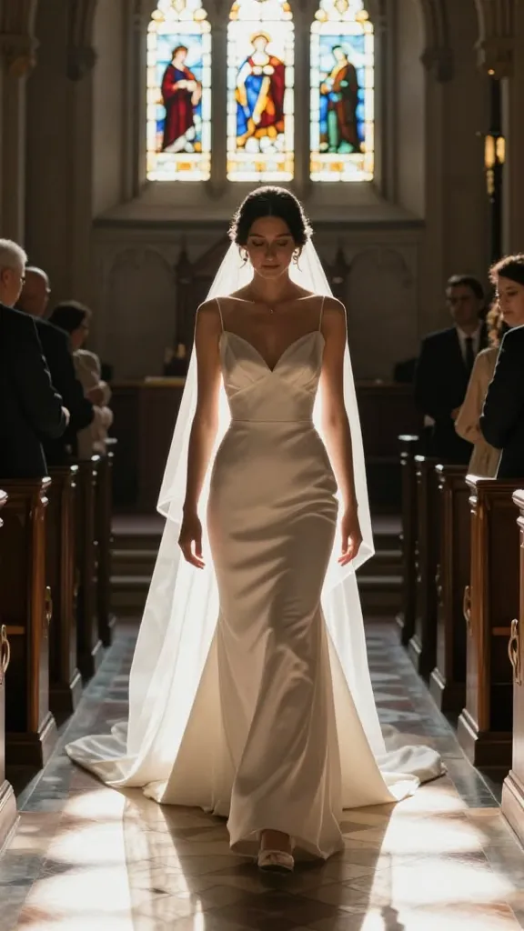 Dramatic shot of a bride entering a sunlit nave, light streaming through stained glass onto a modest, elegant gown with a refined silhouette, emphasizing movement and grace.