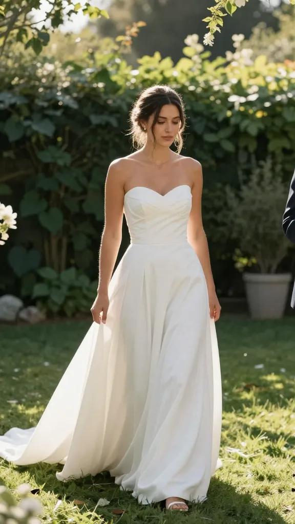 A sunlit outdoor garden ceremony in late afternoon, a bride wearing a flowing summer A-line strapless wedding dress in soft cotton blend fabric, minimal jewelry, barefoot or in delicate sandals, with a breeze gently lifting the hem.