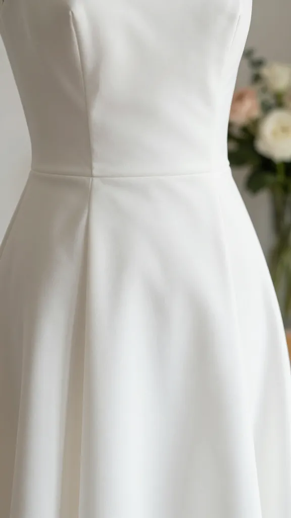 Close-up of the dress fabric: a strapless A-line silhouette in lightweight crepe, showing clean lines and a smooth, breathable drape against natural light, with a blurred bouquet in the background.