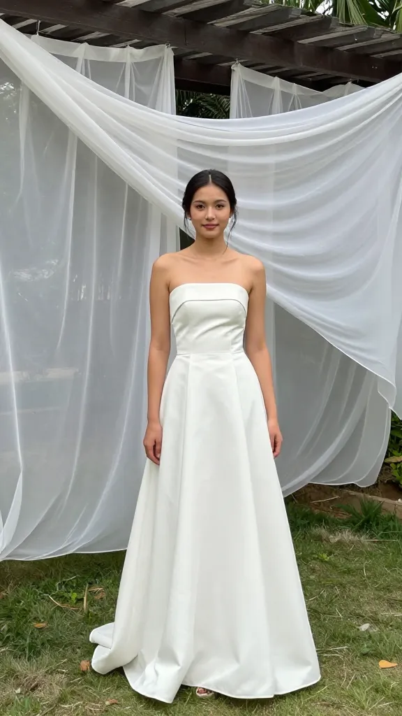 Casual portrait shot of a bride in a strapless A-line gown, standing under a pergola with sheer white fabric fluttering, showcasing the dress’s effortless chic and comfortable fit.