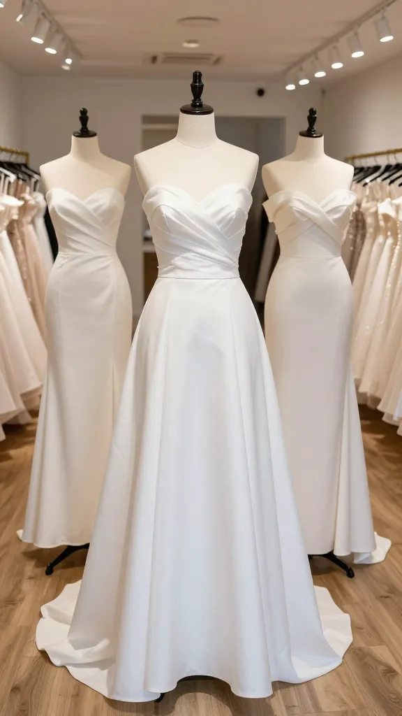 A wedding boutique display: multiple strapless A-line gowns in different breathable fabrics (cotton blend, crepe, mikado) on dress forms, with soft boutique lighting and a wooden floor.