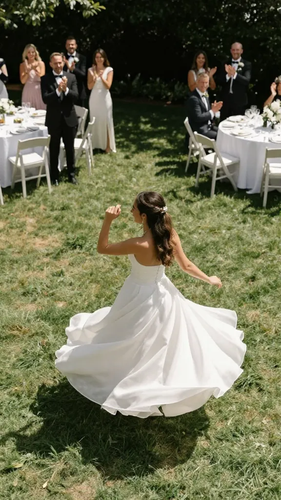 Aerial view of a sun-drenched reception lawn, a bride dancing in an A-line strapless dress, fabric gently twirling as she moves, guests clapping in the background.