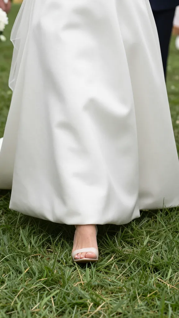 Shoes and dress interaction: a bride’s bare feet stepping into a soft grass aisle, the A-line dress just brushing the ground, showing airflow and ease of movement.