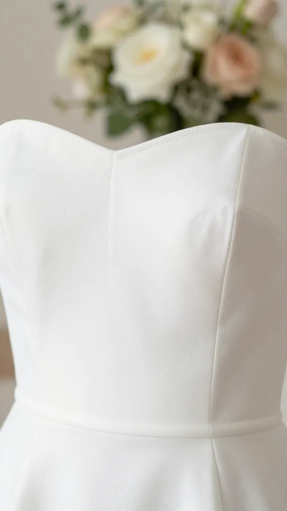 Details shot of the dress’s neckline and bodice: clean strapless lines, subtle stitch work, and breathable fabric textures (crepe or cotton blend), with a softly blurred bouquet centerpiece in the background.
