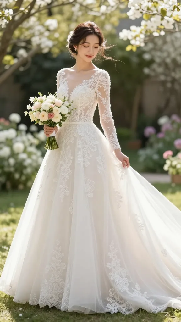 A bride in a graceful A-line wedding dress with delicate lace overlay, soft pastel spring bouquet, light garden backdrop with blooming flowers, gentle breeze lifting the skirt, radiant natural morning light, no text.