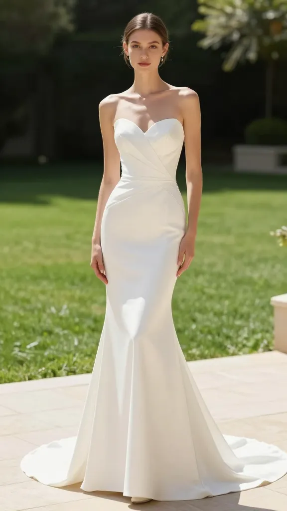 A sleek sheath wedding gown with minimalist design and subtle beading, standing on a sunlit terrace, emerald lawn in the background, soft shadows, bride's posture confident and calm, no text.