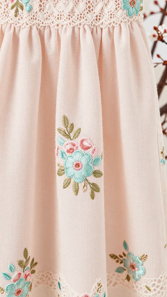 Close-up of a spring-hued dress fabric with delicate lace and subtle texture, bouquet tones in blush and mint, light catching the embroidery, soft backdrop of blooming branches, no text.