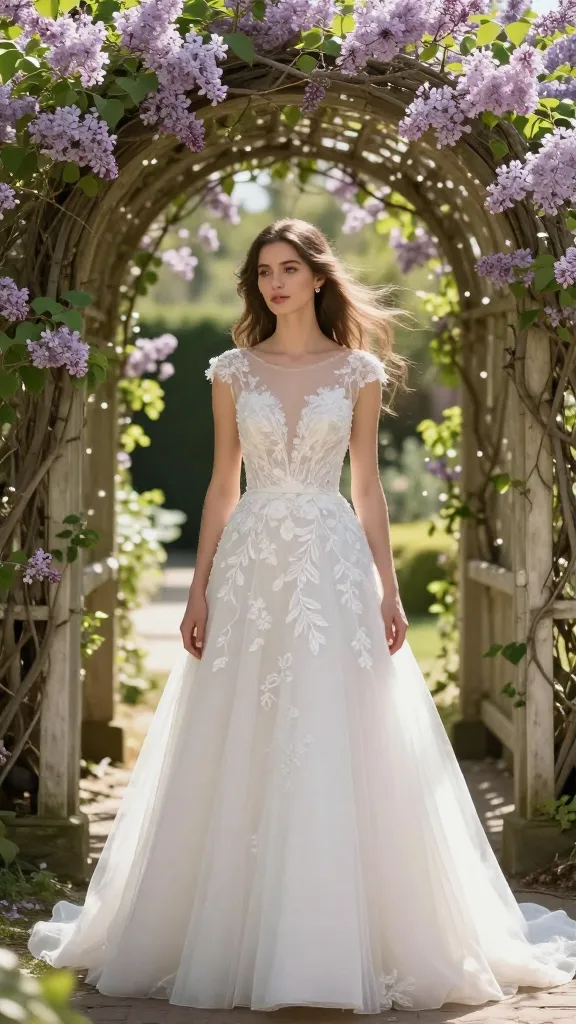 Bride wearing a softly structured A-line with illusion neckline and floral embroidery, standing beneath a translucent archway of vines and lilacs, gentle breeze, sunlight filtering through petals, no text.