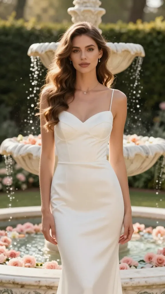 Bridal portrait in a light, airy sheath dress, minimal jewelry, hair in loose waves, backdrop of a blush-petal garden and marble fountain, warm golden-hour glow, no text.