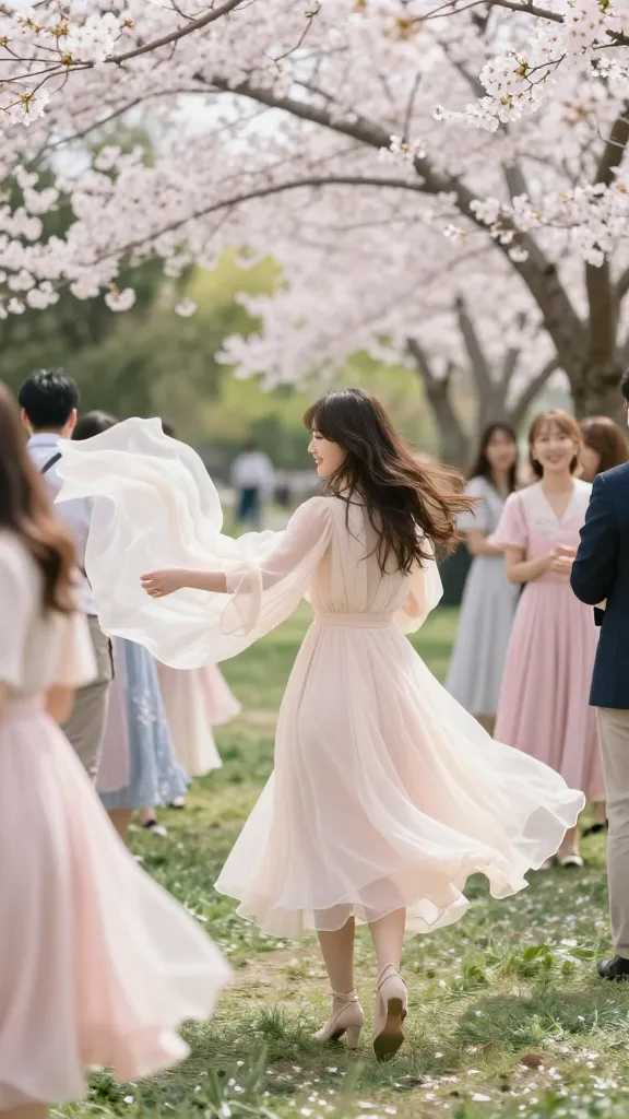 Dreamy outdoor reception scene with a flowing spring dress (semi-sheath or light A-line), guests in soft pastels, fabric moving with breeze, cherry blossoms and greenery framing the frame, no text.