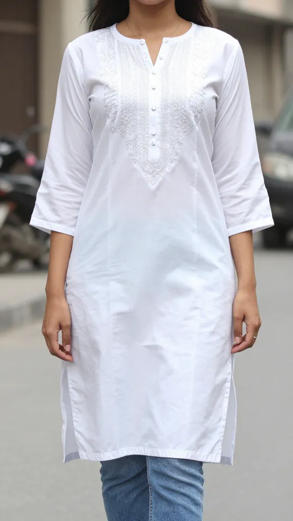 A close-up street-style shot of a woman wearing a pristine white kurti with delicate silver thread embroidery, paired with light blue denim jeans, urban Karachi backdrop, soft natural light, candid pose, no text.