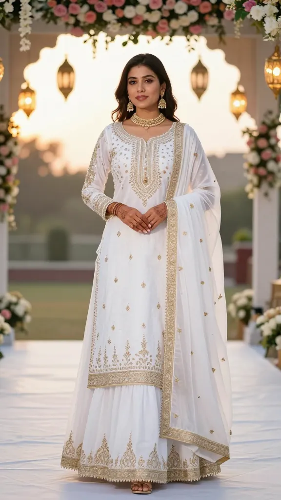 An elegant white Sharara suit with intricate gold thread work and a matching white dupatta, staged at a mehndi ceremony venue with hanging lanterns and pastel florals, warm sunset glow, semi-formal pose, no text.