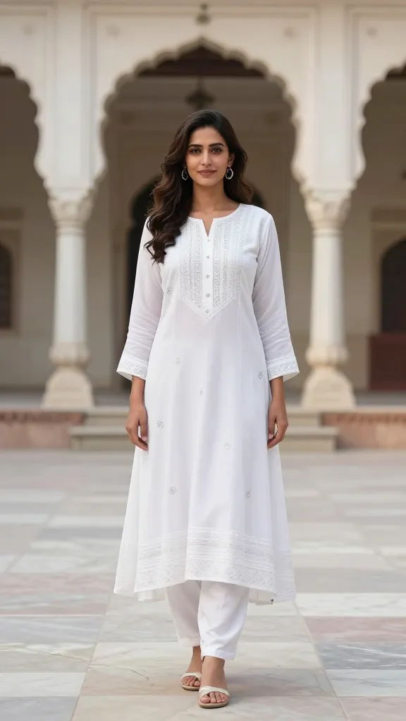 A full-length portrait of a woman in a white Anarkali with subtle silver embellishments, standing in a grand traditional courtyard with marble floors and arches, soft diffuse light, regal yet approachable vibe, no text.