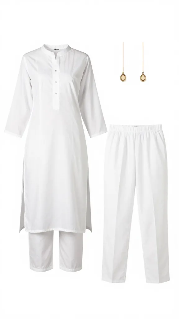 A minimalist fashion editorial spread featuring a white kurti and straight-cut trousers, simple jewelry, stark white studio backdrop, high-contrast lighting to emphasize textures, no text.