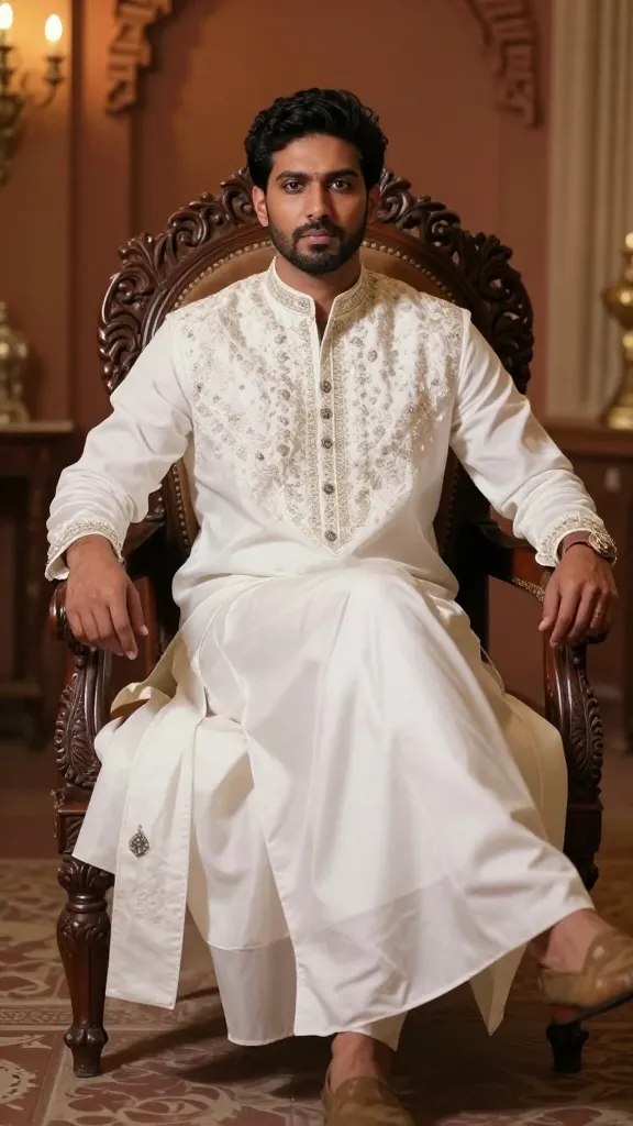 A wedding-ready look: a white sharara with dramatic but restrained embellishments, model posing seated on ornate carved wooden chair, rich indoor décor, warm amber lighting, poised expression, no text.