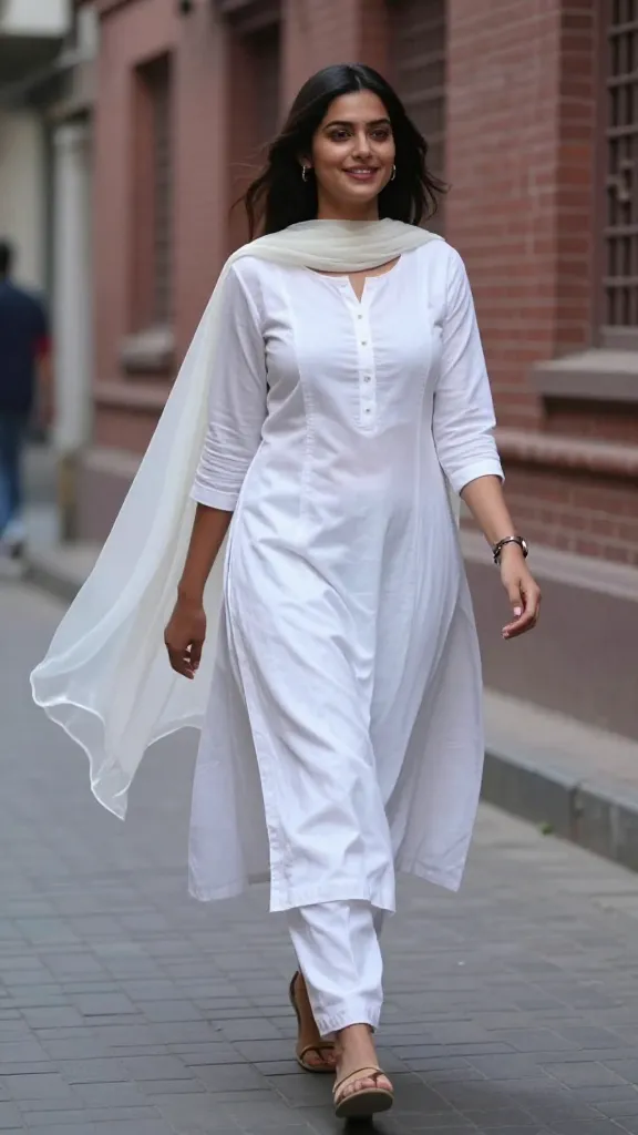 A candid street-style moment: white Anarkali paired with a light chiffon dupatta fluttering in the wind, model walking along a heritage brick lane, soft evening light, candid smile, no text.