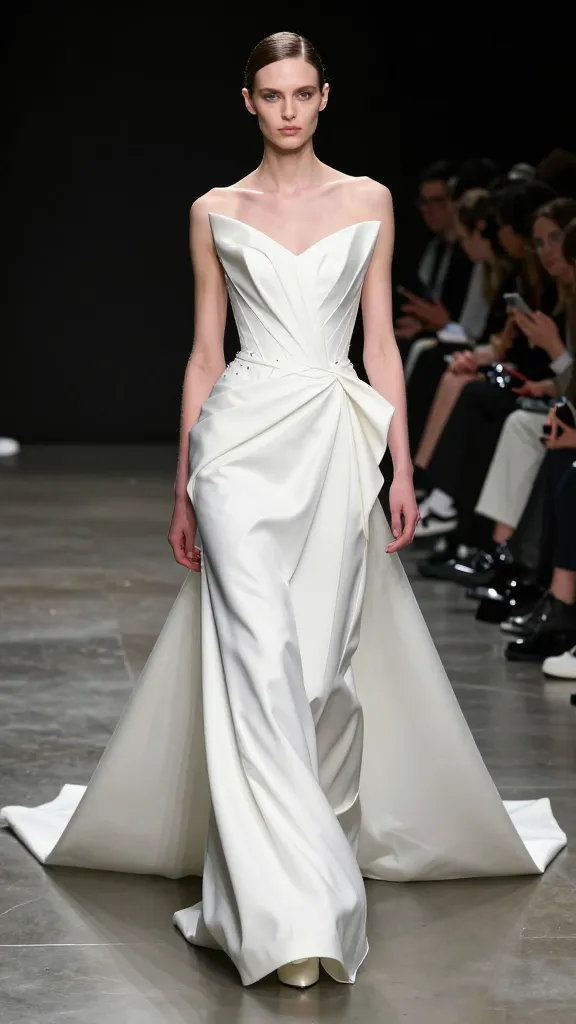 A bold Westwood wedding gown on a minimalist runway: a sculptural corset with sharp, angular lines, dramatic drape cascading to a sweep train, in a stark white fabric with subtle punk hardware accents, set against a dimly lit backstage atmosphere.