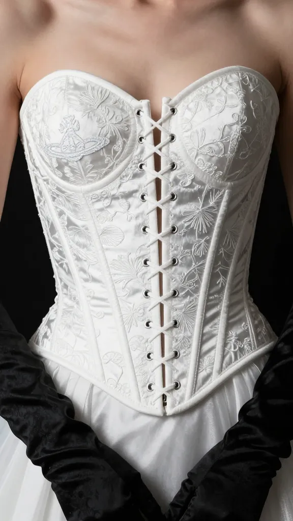 Close-up of a Vivienne Westwood-inspired bridal corset: intricate boning, bite-shaped lacing, and offbeat embroidery, paired with rebellious but elegant gloves, captured with high-contrast lighting.