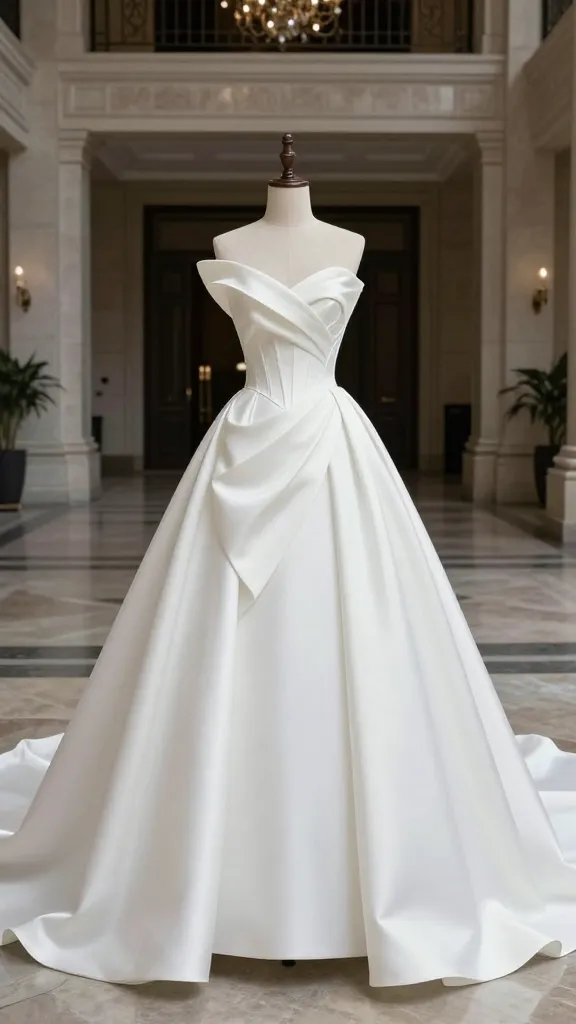 A wedding dress featuring a fusion silhouette: traditional ballgown skirt combined with an audacious, asymmetrical drape and an exposed corset, photographed in a grand, historic venue with modern edgy touches.