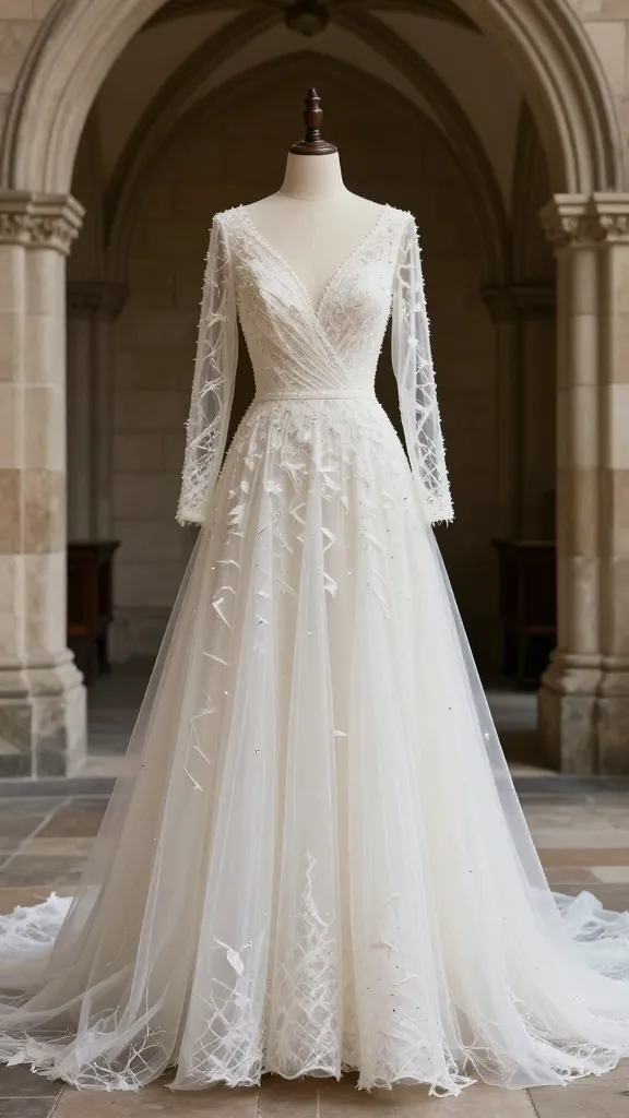 A timeless Westwood wedding gown with subverted expectations: classic neckline and long sleeves reimagined with a shredded tulle overlay and metallic thread accents, presented on a stone-arched cathedral setting.