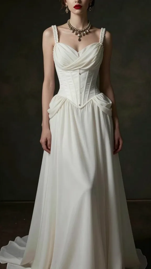 Editorial shot of a Westwood wedding dress with historical references: corseted bodice, draped chiffon, and a statement bustle, styled with vintage jewelry and a bold red lip in a dim, moody atmosphere.