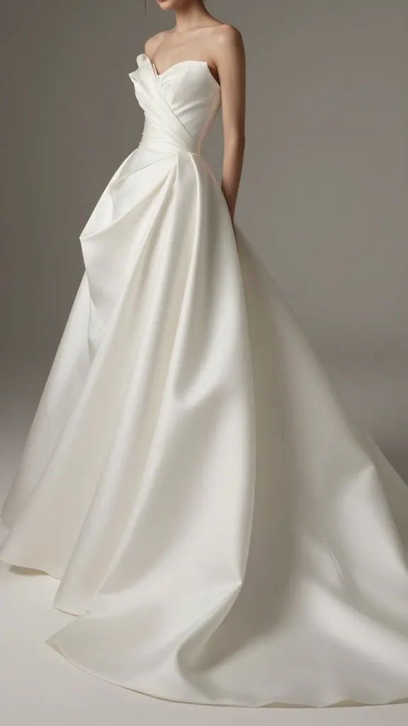 A couture bridal moment: a gown featuring a bite-inspired waist detail and layered drape that pools into a sculptural train, photographed in soft, diffused light to emphasize texture and fabric movement.