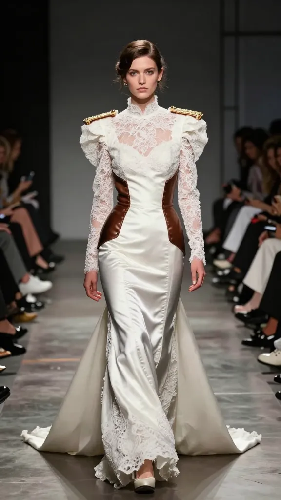 A dramatic, rebellious aisle scene: a bride in a Westwood gown crossing a catwalk-style aisle with oversized epaulets, contrasting textures (lace, satin, and leather accents), under stark spotlight and industrial-chic décor.