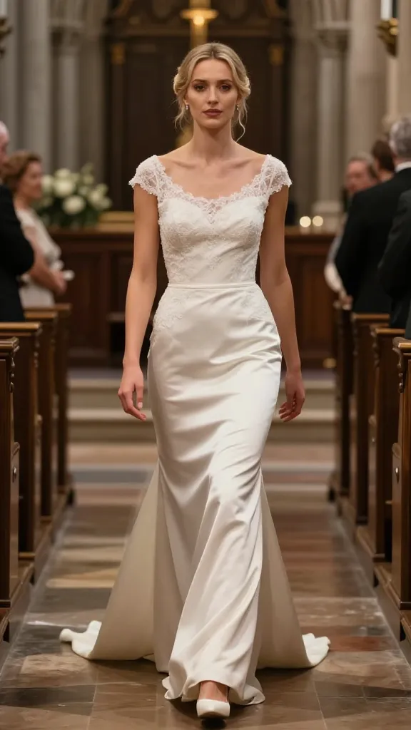Full-length shot of a bride walking confidently down a cathedral aisle in a classic sheath dress with a modest neckline, satin and lace textures, and a barely-there train that sways with each step.