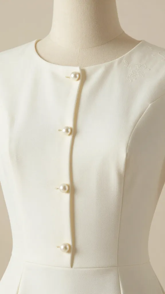 Close-up of the dress neckline and bodice showing clean lines, sculpted silhouette, subtle Old Hollywood influence, with pearl buttons and light embroidery, set against a soft, neutral background.