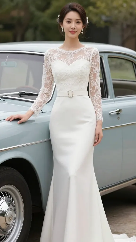 Bride standing beside a vintage car in a garden wedding setting, dress featuring a fit-and-flare silhouette, delicate lace sleeves, and a waist-cinching belt, radiating timeless elegance.