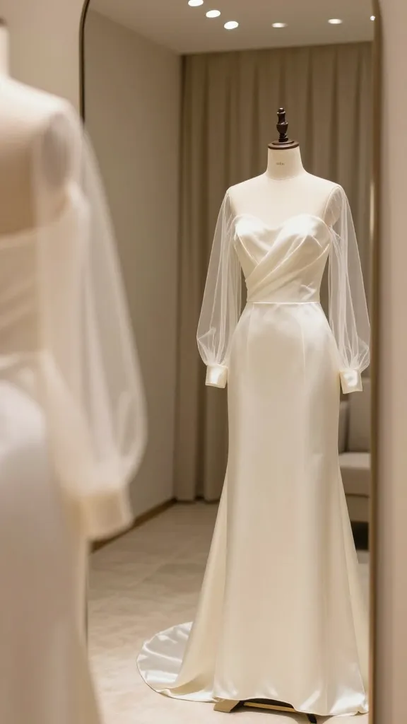 Interior shot of a bridal fitting room with a mirror reflection: elegant dress on a dress form, sheer sleeves, satin skirt, and minimalist jewelry; warm lighting and refined, fairy-tale vibes.