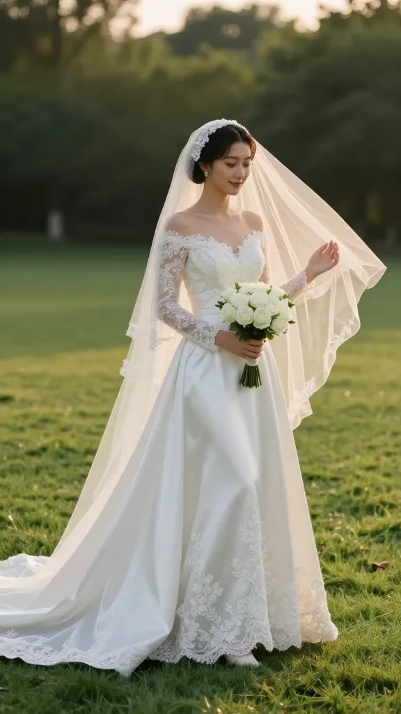 Romantic outdoor ceremony scene at golden hour, bride in a classic satin and lace wedding dress, slight train trailing on manicured lawn, bouquet of white roses, soft breeze moving the veil.