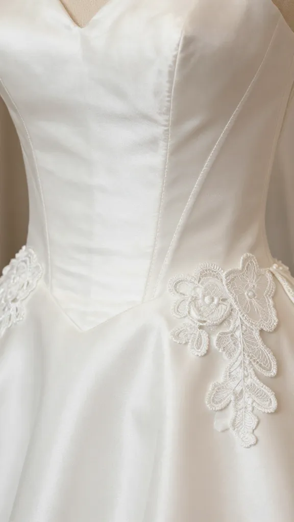 Texture-focused close-up of fabric details: satin sheen, lace appliqués, seam lines along the structured bodice, and subtle seam work that communicates a refined, premium bridal look.