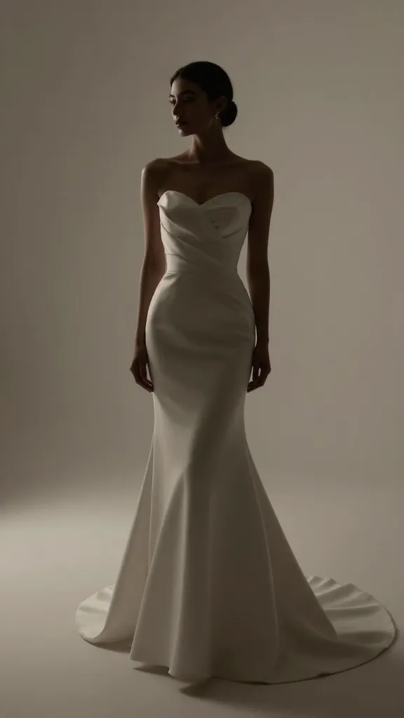 Editorial bridal portrait in a studio with neutral backdrop, dress silhouette clearly defined, graceful pose, clean lines and balanced proportions, no text, emphasizing timeless, versatile bridal glow.