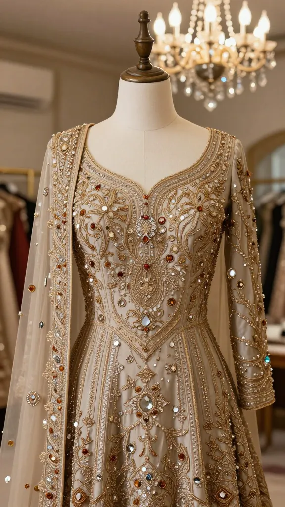A luxurious Persian wedding dress displayed on a vintage mannequin in a softly lit atelier, close-up on intricate hand-stitched embroidery, gold thread weaving through delicate beadwork, chandeliers of tiny mirrors catching the light.