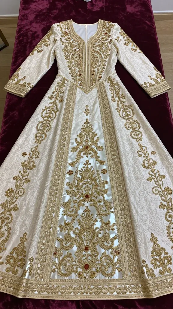 An overhead shot of a bridal gown laid out on a velvet table, showcasing extensive mirrorwork and gold thread embroidery across the bodice and sleeves, with a whispered hint of traditional Persian silhouette.