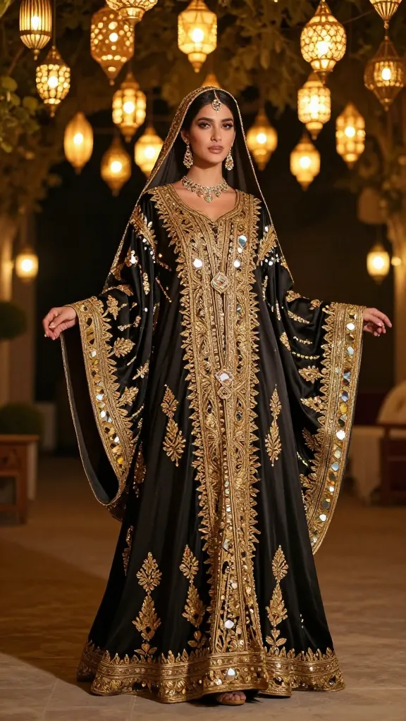 A model wearing a dramatic Persian wedding dress with a modern reinterpretation: oversized, flowing silhouette, rich gold thread embroidery, and mirror accents, standing beneath a canopy of twinkling lanterns.