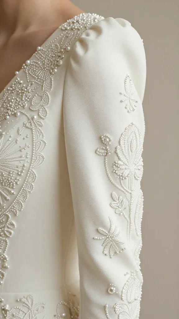 A close-up portrait of the gown’s sleeve detailing, capturing the texture of luxurious fabric, fine beadwork, and ornate embroidery that blends heritage motifs with contemporary styling.