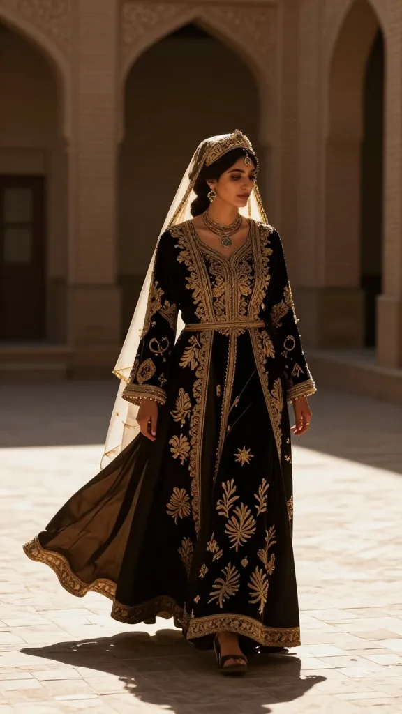 A full-length shot of a bride walking through a sunlit courtyard, gown fluttering, highlighting silhouettes that honor traditional Persian dress while incorporating a modern bridal fit.