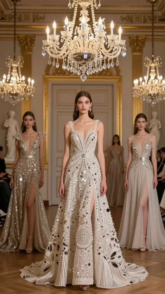 An indoor fashion editorial scene featuring multiple gowns with heavy chandeliers of beadwork and reflective mirror accents, models posed with statuesque elegance against a backdrop of gold-framed architecture.