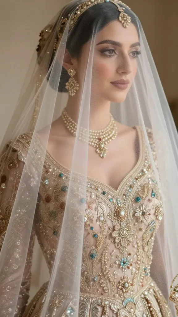 A soft-focus image of a bridal veil paired with a richly embroidered dress bodice, highlighting the transition from cultural heritage to modern wedding-day drama.