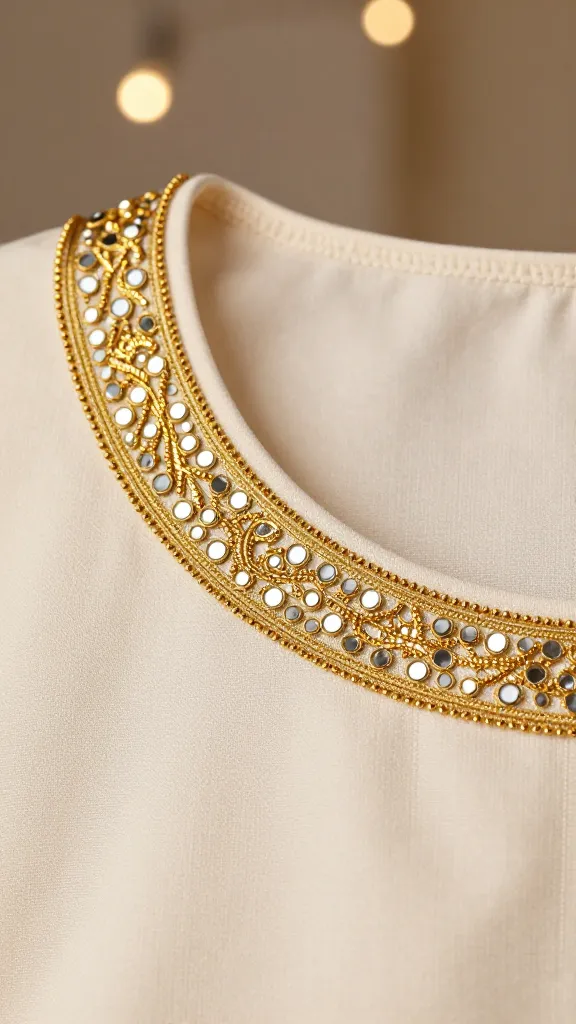 A studio shot emphasizing detail: close-up of a neckline where gold thread, micro-mirrors, and intricate embroidery converge, with subtle bokeh of warm lights in the background.
