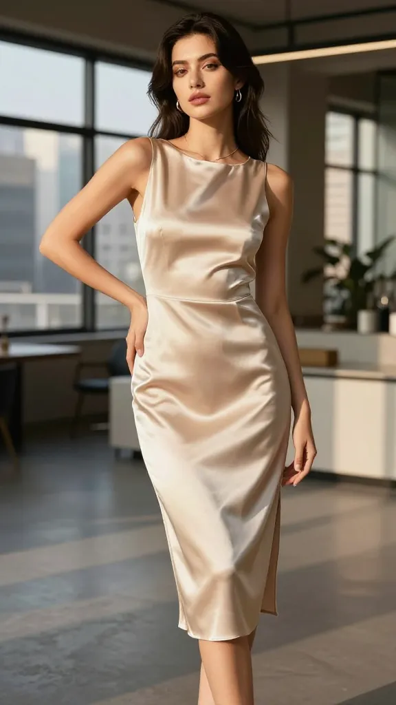 A chic cocktail-style ensemble: a knee-to-midi satin dress in soft champagne with clean lines, minimal jewelry, and a poised, celebratory pose in a modern urban loft setting at golden hour.